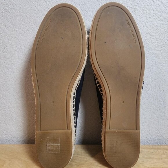 Tory Burch Shoes Womens Size 8 Navy Black Espadrille Flats Leather Cap Toe Logo - Picture 13 of 15